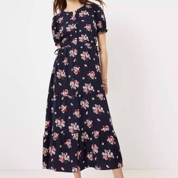 LOFT Dresses & Skirts - Loft Dresses | Loft Floral Side Tie Midi Dress | Size 4 | Navy Blue